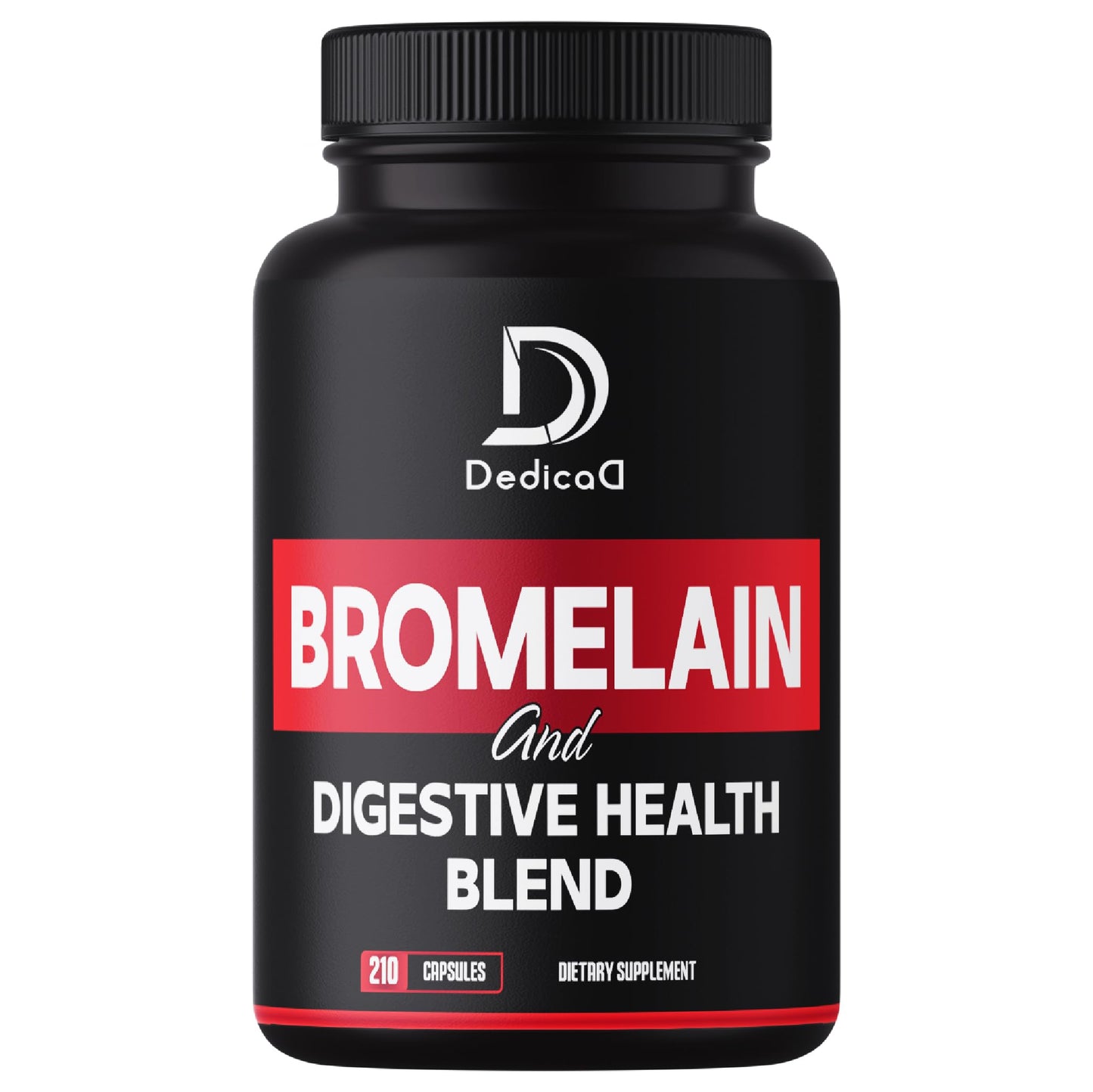 Black supplement bottle labeled 'Bromelain and Digestive Health Blend' with Dedica logo on a white background