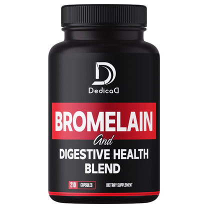 Black supplement bottle labeled 'Bromelain and Digestive Health Blend' with Dedica logo on a white background