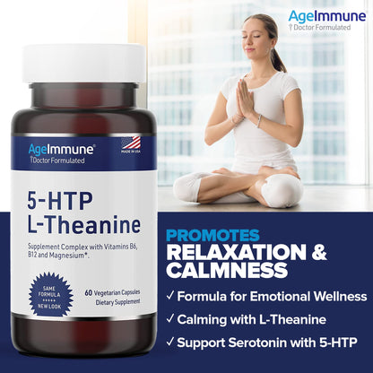5-HTP 100mg with L-Theanine 400 mg Formula for Stress Relief and Relaxation Support for Teens and Adults with Vitamins B6 - B12 and Magnesium Bisglycinate - Doctor Formulated – without stearates.