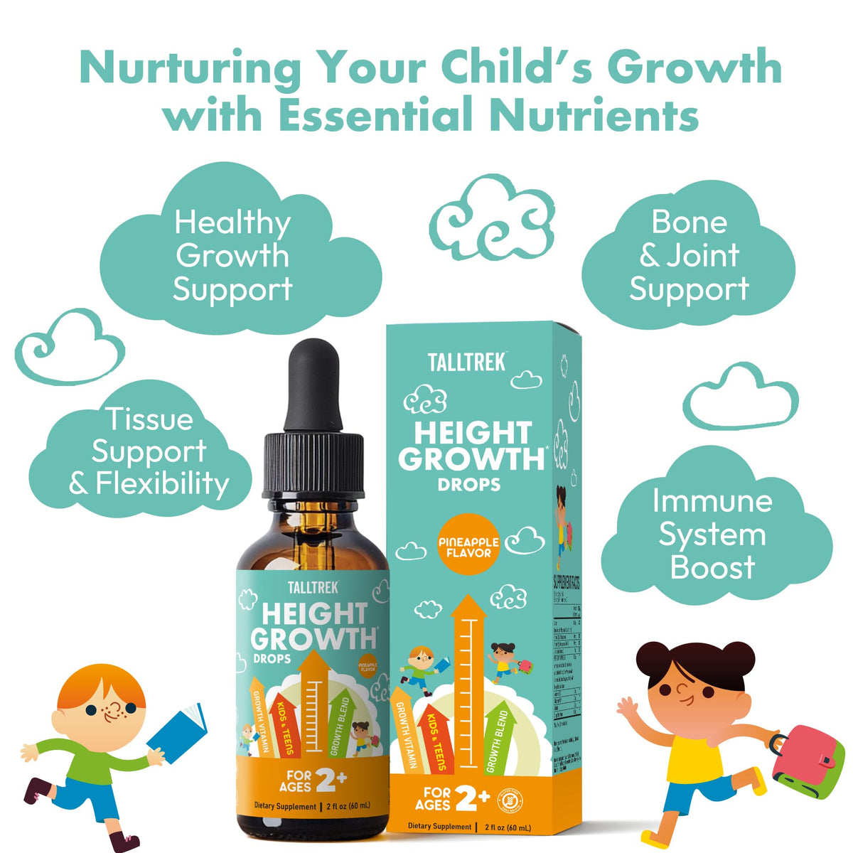 TallTrek Height Growth Supplement Drops for Kids - Teens Bone Growth Height Increase and Maximizer Immune Health Drops with Vitamins D3 K2 Zinc & Calcium - Gluten Free Vegan Pineapple Flavor TallTrekBuy Supplements Australia