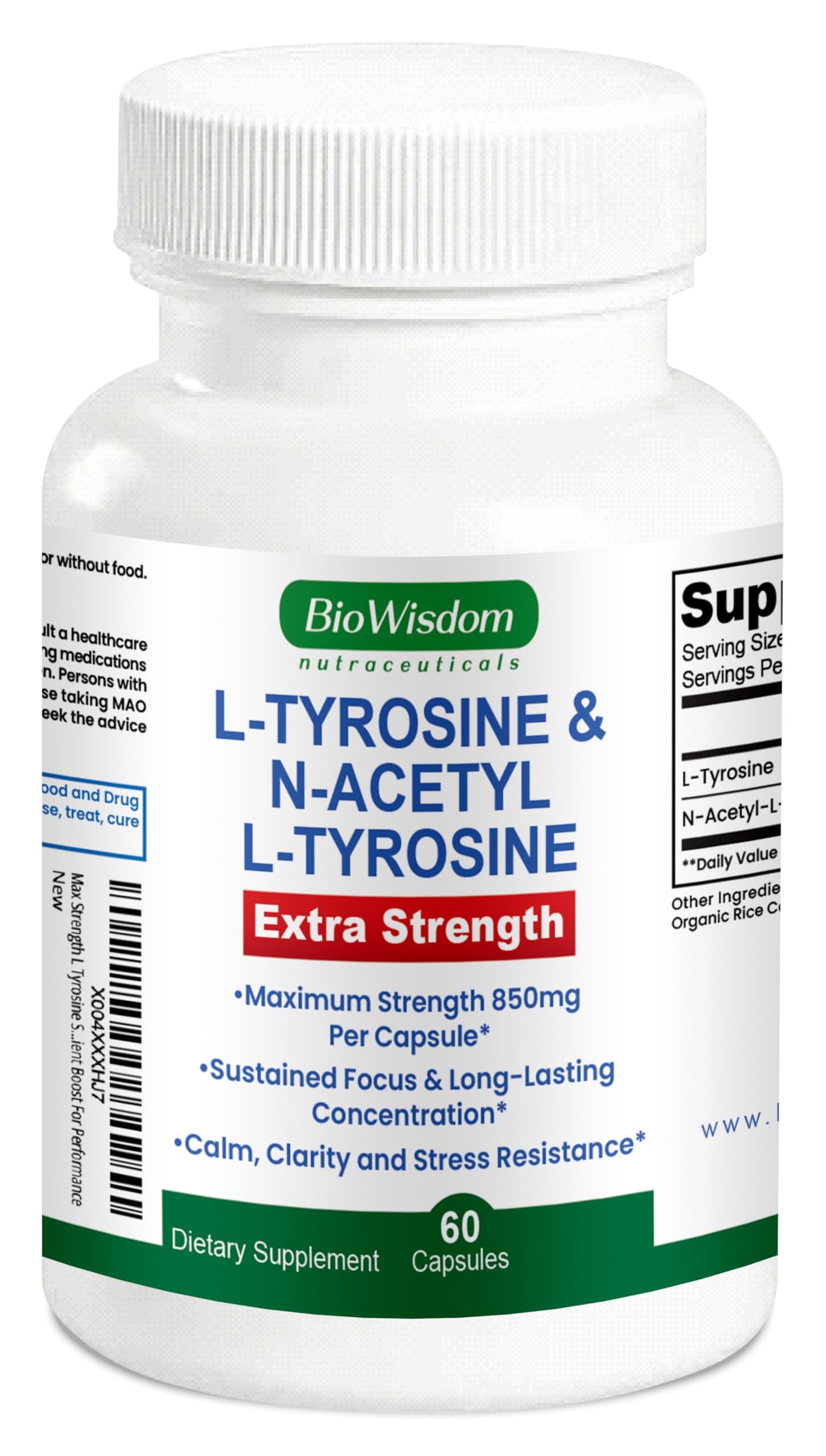 Supplement bottle labeled 'L-Tyrosine & N-Acetyl L-Tyrosine' by BioWisdom on a white background