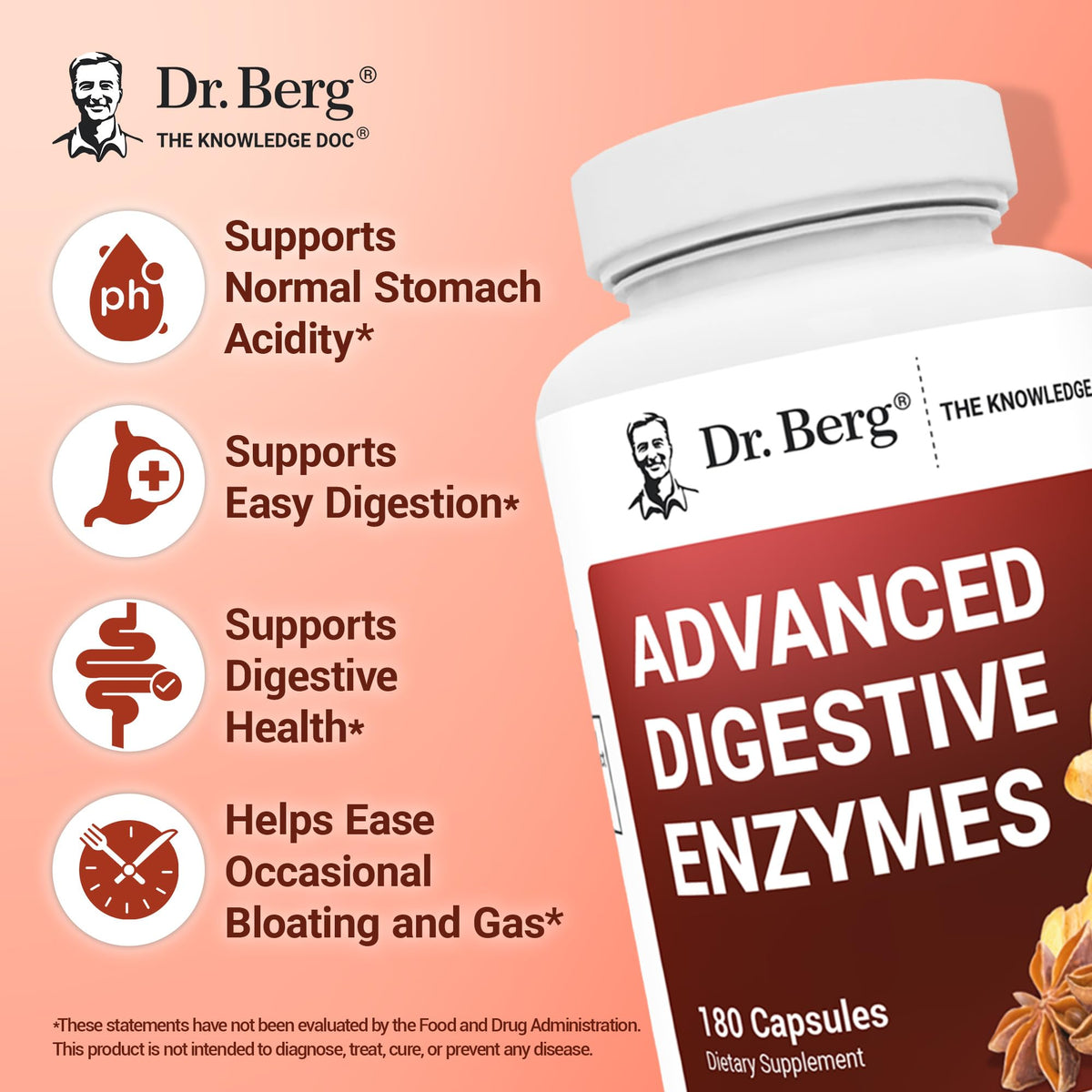 Dr. Berg Advanced Digestive Enzymes with Apple Cider Vinegar - Includes Digestive Health Ingredients Like Betaine Hydrochloride (HCI), Ginger Root & Peppermint Leaf - 180 Capsules