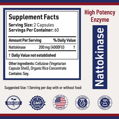 AgeImmune Nattokinase Supplement 4000 FU 200mg - Enzyme - Cardiovascular Support 120 Capsules -Derived from Japanese Natto - Made in The USA Without Magnesium Stearate.