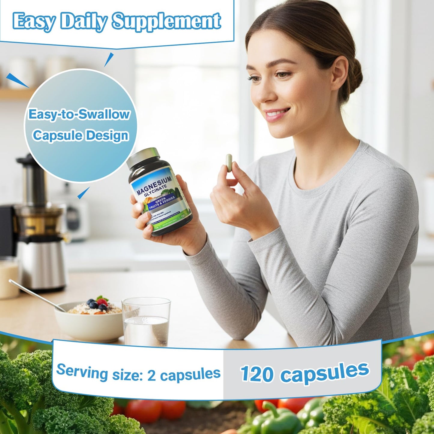 Magnesium Glycinate 500mg with Vitamin D3 – High Absorption Magnesium Supplement with Veggies Design – Supports Bone & Muscle Function and Energy – Non-GMO, Gluten-Free – 120 Veg Capsules FrexNutri buy supplements Au