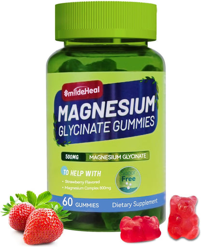 Magnesium Glycinate Gummies 500mg with L-Threonate 300mg - Sugar-Free Magnesium Potassium Supplement with Vitamin D, B6, CoQ10 - Strawberry Flavored - 60 Gummies