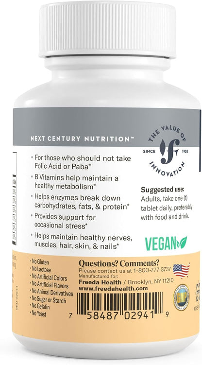 FREEDA Super B-Complex Vitamin Supplement – No Folic Acid or PABA, 100ct | Supports Energy, Metabolism, & Cellular Function – Balanced B Vitamins for Men & Women – Kosher, Vegan, Gluten-Free, USA Made