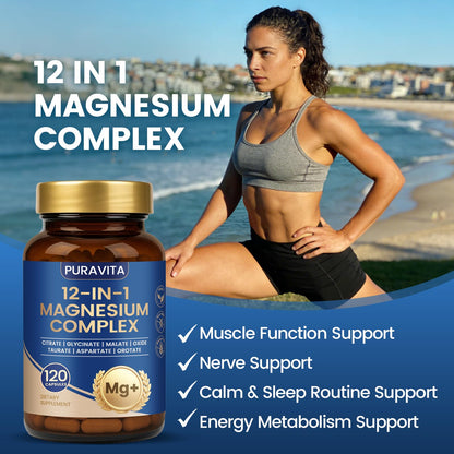Puravita Magnesium Complex - Puravita 12 in 1 Magnesium Supplement with Glycinate, Citrate, Malate, Oxide, Taurat & More for Muscle, Nerve & Sleep Support, 120 Count PURAVITA buy supplements Au