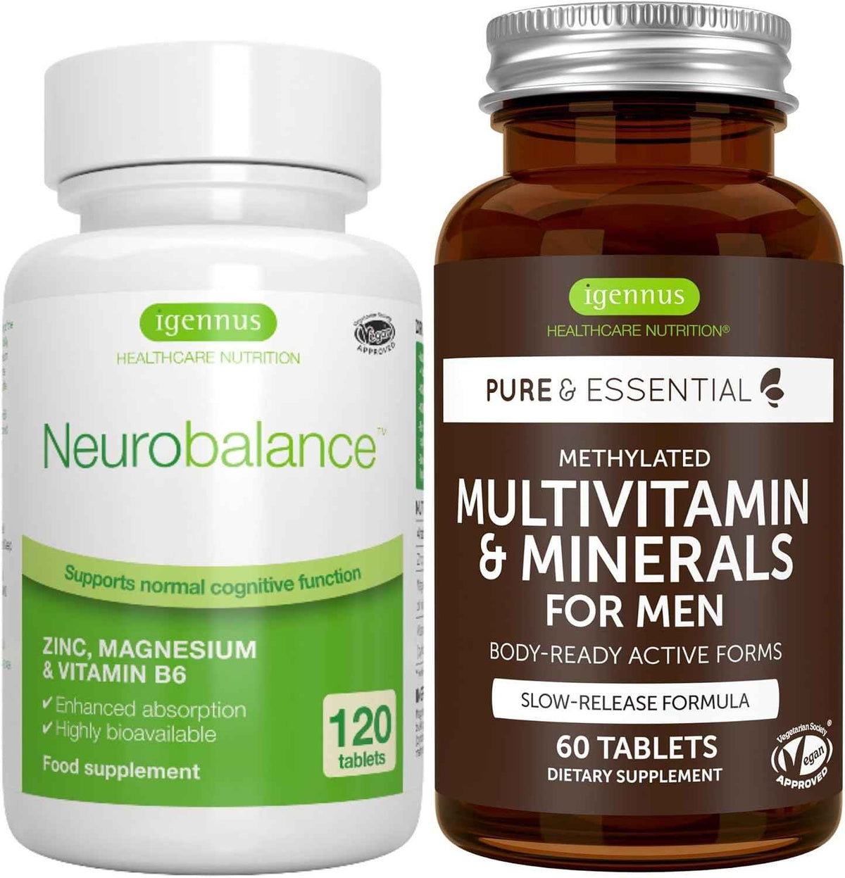 Neurobalance + Multivitamin & Minerals for Men Vegan Bundle, High Absorption Zinc, Magnesium & B6 Supplement + Sustained Release Multivitamin by Igennus