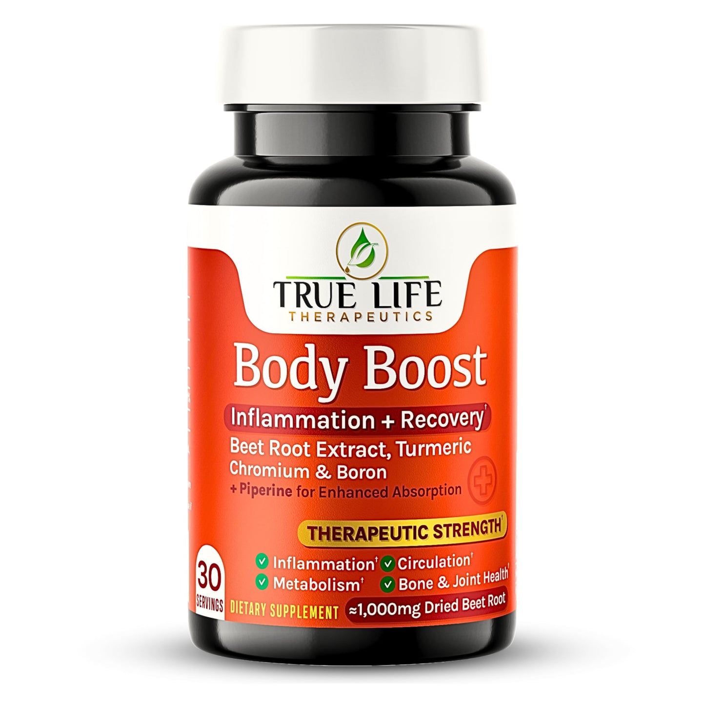 Supplement bottle labeled 'True Life Therapeutics Body Boost' on a white background