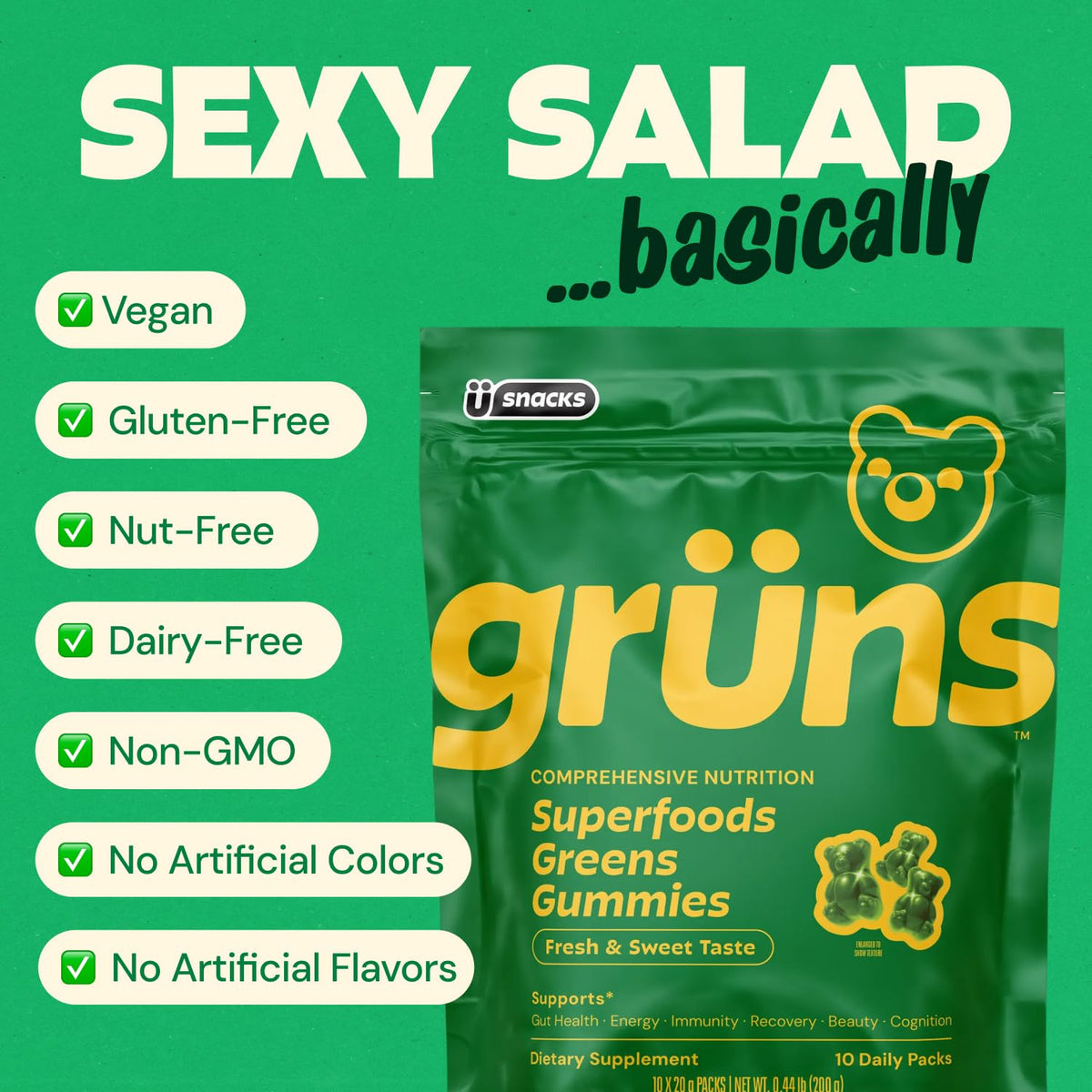 Gruns Adults Super Greens Gummies, Multivitamin Superfood Gummy Bears, Spirulina, Chlorella, Prebiotics & Fiber Gummies for Digestive Health, Adaptogens Supplement, 20 Vitamins & Minerals, 10 Count Grüns buy supplements Au