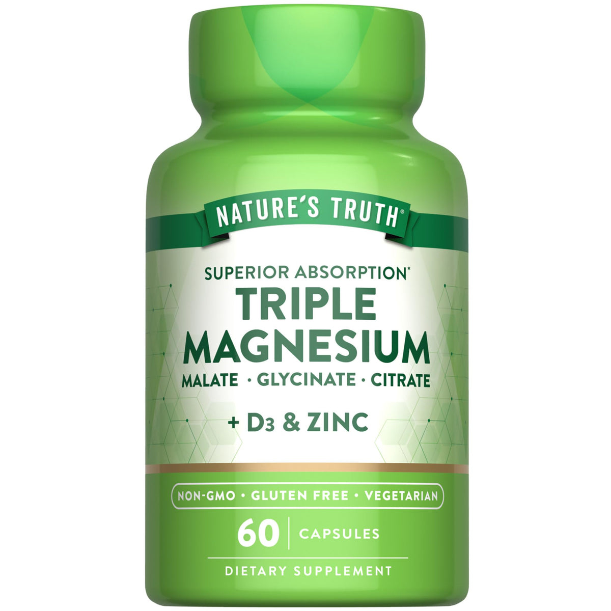 Green supplement bottle labeled 'Nature's Truth Triple Magnesium' on a white background