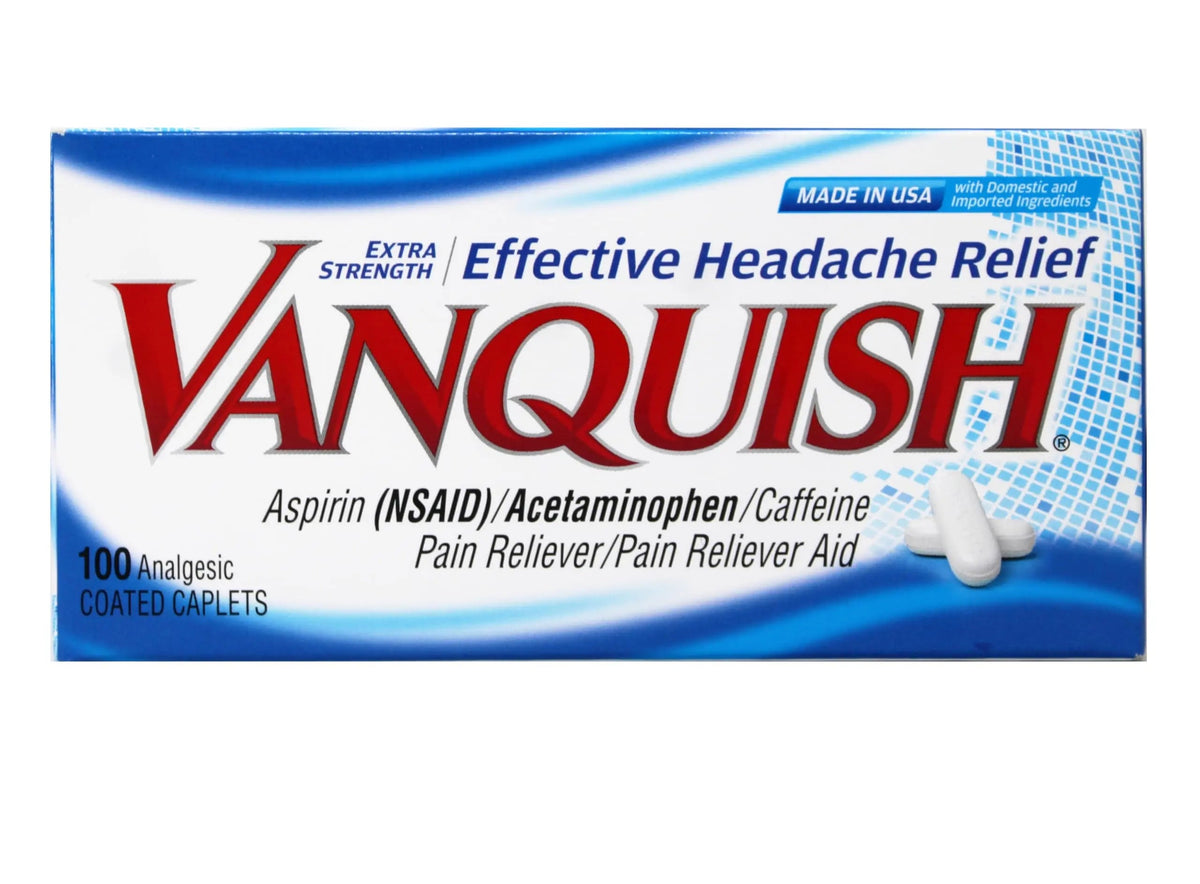 Vanquish Effective Headache Relief – Aspirin (NSAID), Acetaminophen, Caffeine, 100 Analgesic Coated Caplets - 3 Pack VanquishBuy Supplements Australia