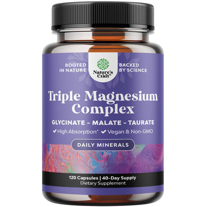 Supplement bottle labeled 'Triple Magnesium Complex' by Nature's Craft on a white background