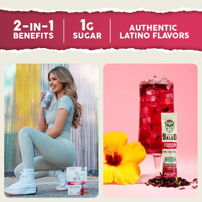 Salud 2-Pack | 2-in-1 Hydration + Immunity (Mango) & Hydration + Immunity (Hibiscus) – 15 Servings Each, Agua Fresca Drink Mix, Non-GMO, Gluten Free, Vegan, Low Calorie, 1g of Sugar