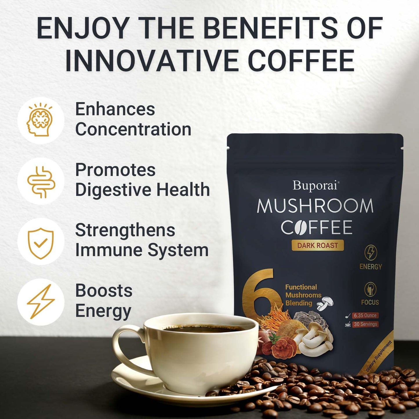 Mushroom Coffee, Instant Mushroom Coffee Organic with 6 Mushrooms Lion’s Mane, Cordyceps, Turkey Tail & Other for Energy, Focus, Digestion, Immunity, 35 Servings