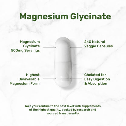 Deal Supplement Magnesium Glycinate 500mg, 240 Veggie Capsules | 100% Chelated for Easy Absorption | Essential Mineral Supplement | Non-GMO, Gluten-Free