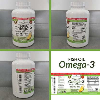 Triple Strength Omega 3 Fish Oil Supplements 2400mg | 180 Capsules, Burpless High Potency Lemon Flavor, High EPA DHA for Men & Women Ultra Pure Softgels