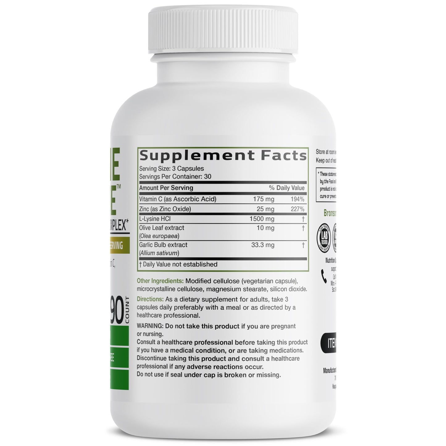 Bronson L-Lysine Defense Immune Support Complex 1500 MG L-Lysine Plus Olive Leaf, Garlic, Vitamin C and Zinc - Non-GMO, 90 Vegetarian Capsules