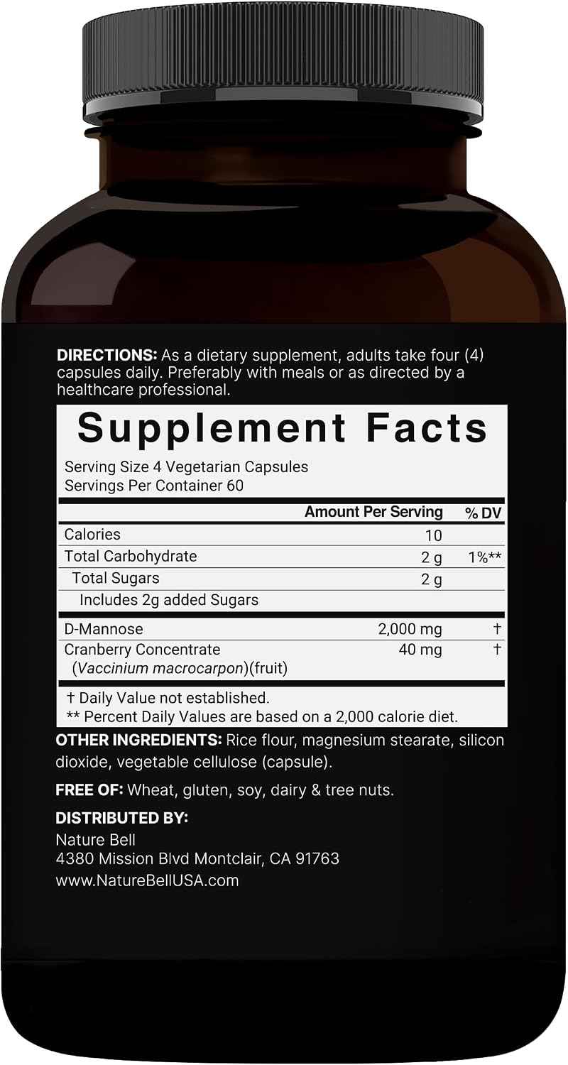 NatureBell D-Mannose 500mg Capsules (2,000mg Per Serving) | 240 Veggie Capsules + Cranberry Concentrate 40mg – Fast Acting Urinary Tract Health Pills – Ultra UTI Support for Women & Men