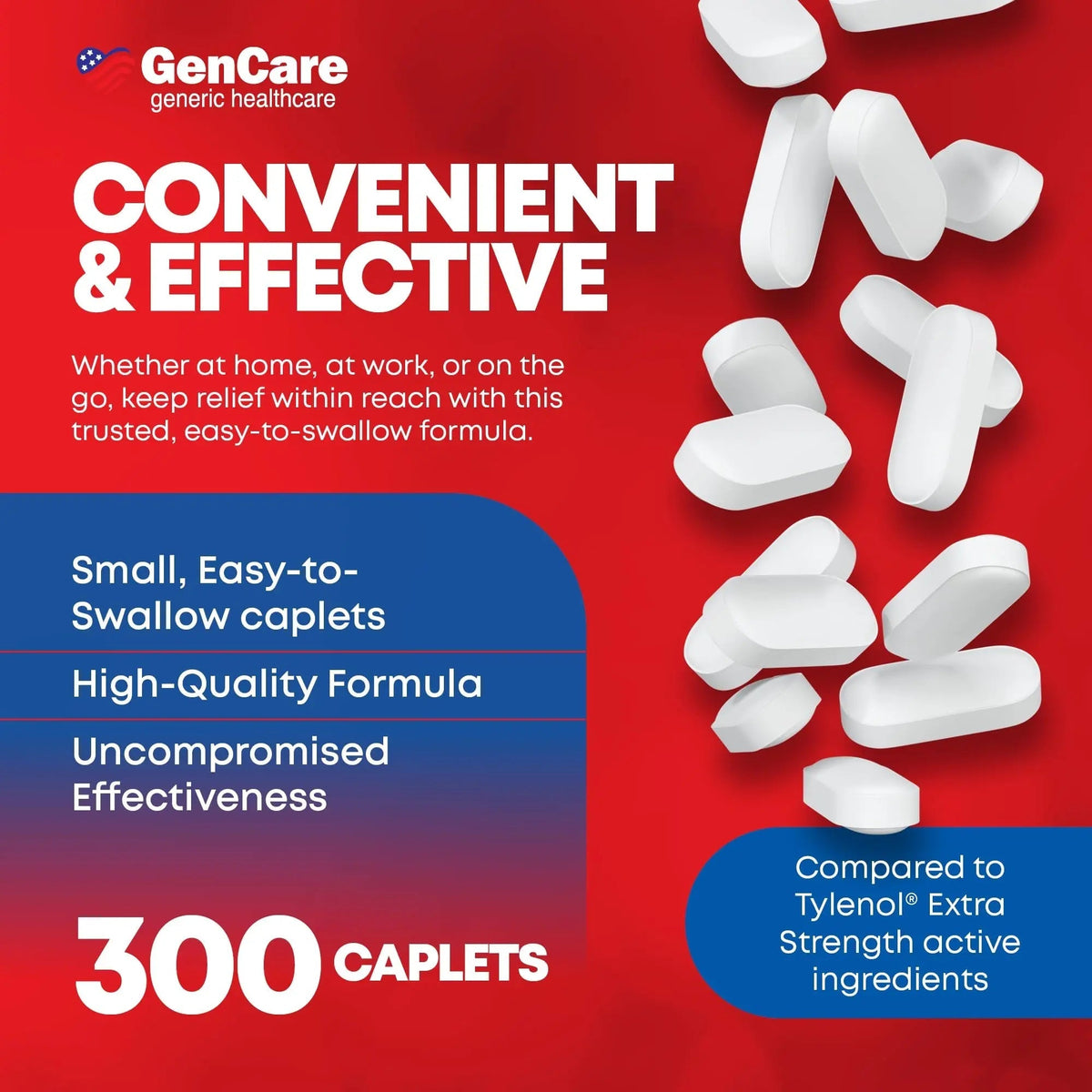 GenCare - Acetaminophen 500mg Extra Strength Pain Relief (300 Caplets) - Multi Symptom Pain Reliever for Headache, Sinus, Arthritis, Back Pain Muscle Ache, Toothache, Fever Reducer, Migraine GenCareBuy Supplements Australia