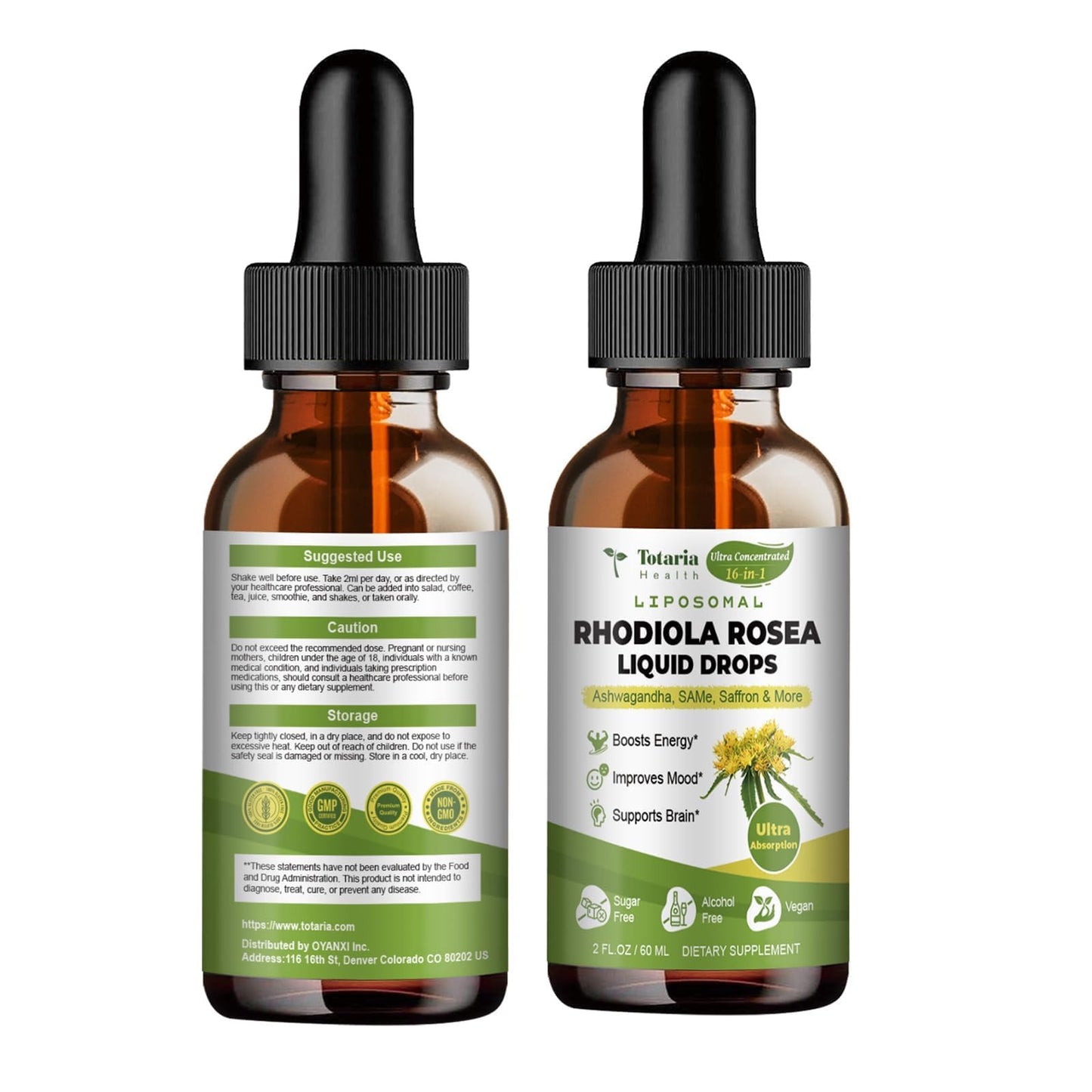 Totaria 16-in-1 Liposomal Rhodiola Rosea Supplement Tincture 1000mg, Ultra Strength Rhodiola 10:1 Root Extract w/Ashwagandha, Rhodiola Liquid Drops for Natural Relaxation, Mood, Energy, Alcohol-Free