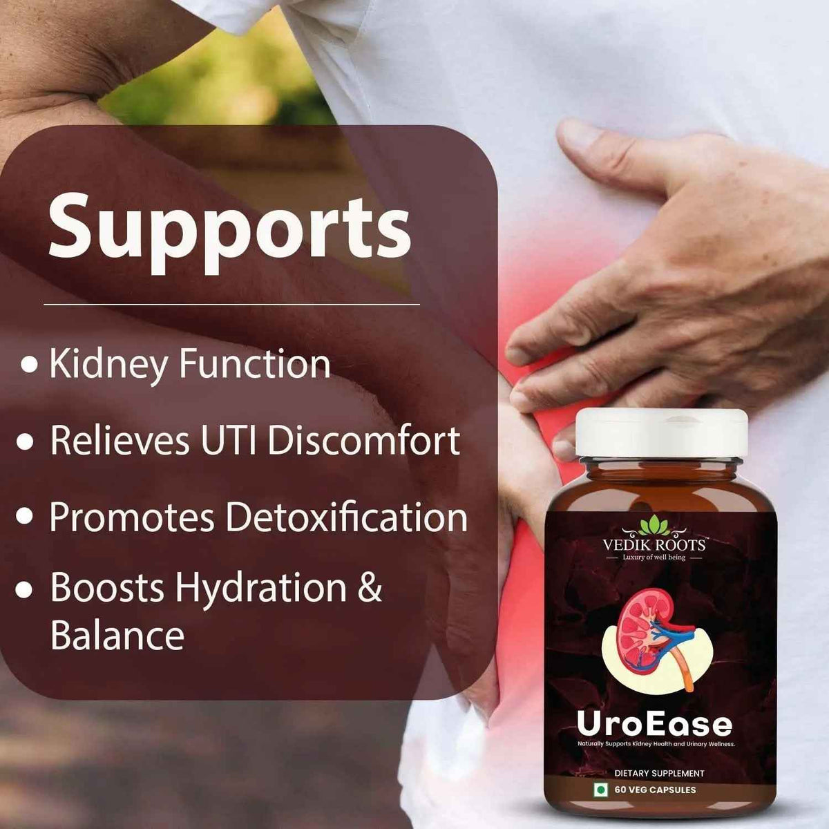 VEDIKROOTS UroEase | Ayurvedic Herbal Supplement for Kidney Health & Uric Acid Levels | Supports Urinary Tract Health | 60 Veg Capsules