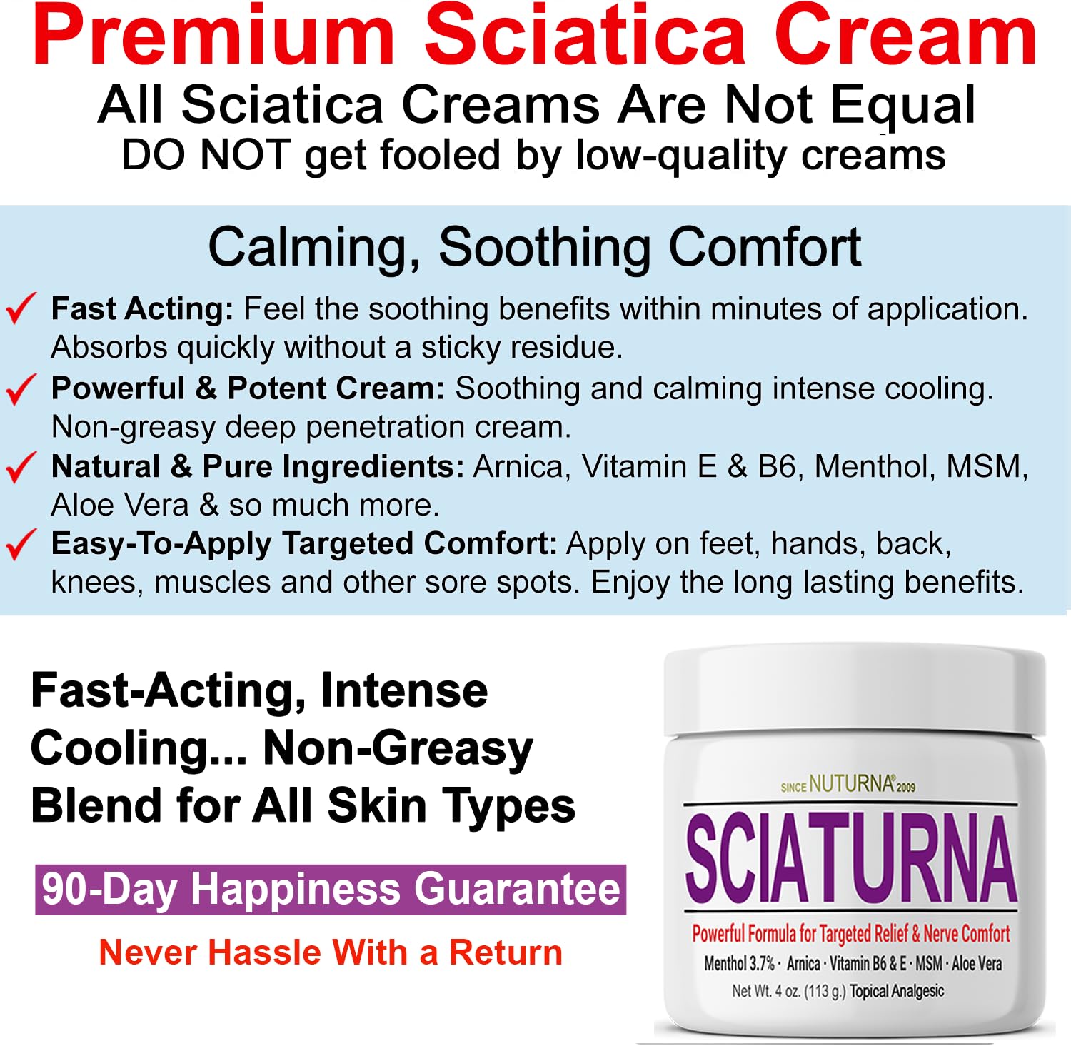 Sciatica Nerve Cream - Maximum Strength Comfort Cream for Feet, Hands, Legs, Toes, Back - Natural Ultra Strength Arnica, MSM, Menthol, Soothing Comfort, Large 4 Oz NuturnaBuy Supplements Australia