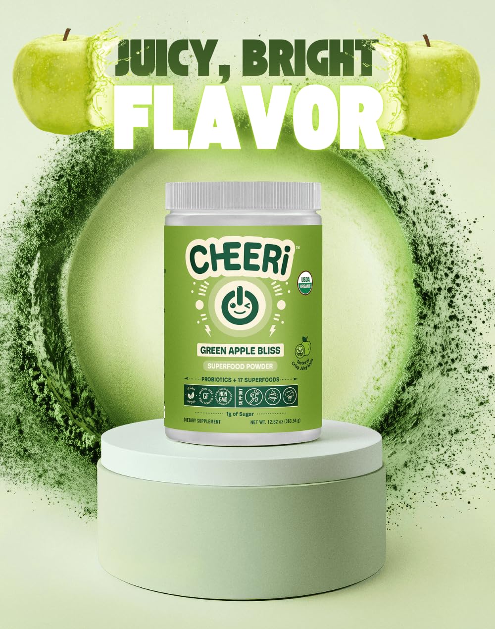 Cheerific Green Apple Bliss Superfood Powder - 20+ Organic Superfoods + Prebiotic & Probiotics + More - Keto Friendly - Supports Positive Mood, Gut Health - Vegan, Gluten Free, Non-GMO - 30 Day Supply CheerificBuy Supplements Australia