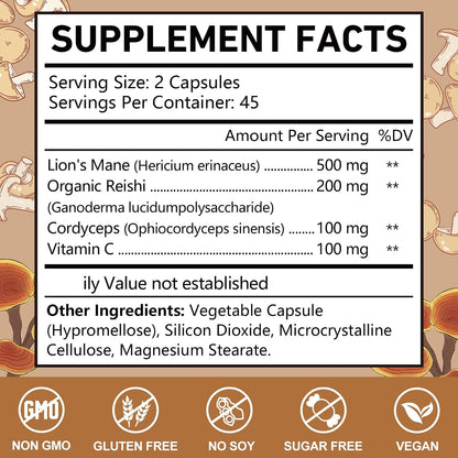 OMOGS Mushroom Complex Supplement Capsules 10:1 Extract, Lions Mane Supplement with Cordyceps, Reishi, for Brain Health, Memory Support, Focus & Immune System