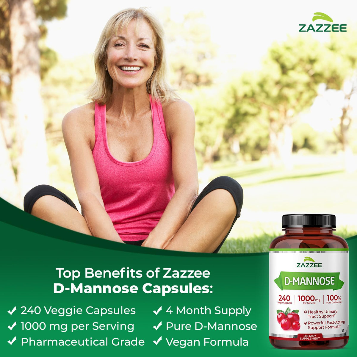 Zazzee D-Mannose, 1000 mg per Serving, 180 Vegan Capsules, 3 Month Supply, Potent & Fast-Acting, Certified Kosher, 100% Pure, All-Natural Urinary Tract Health Support, 100% Vegetarian, Non-GMO
