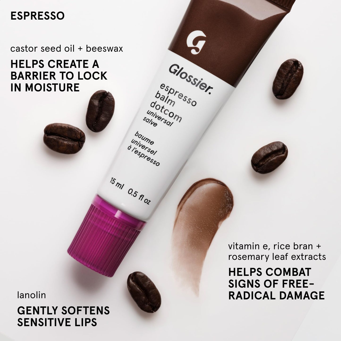 Glossier Balm Dotcom Hydrating Tinted Lip Balm - Universal Salve, Up to 12Hr Moisture for Dry Lips, Cuticles & Skin - Lanolin, Beeswax & Castor Oil - Espresso, Mocha Tint, 15ml GlossierBuy Supplements Australia