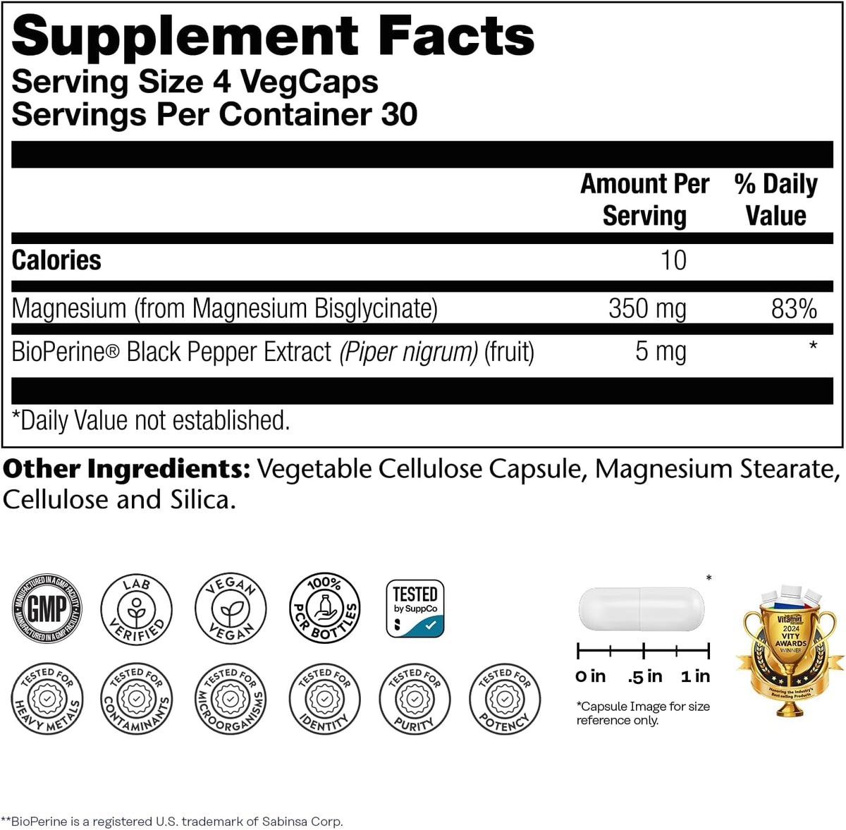 SOLARAY Magnesium Glycinate Capsules, Chelated Magnesium Bisglycinate w/BioPerine, Higher Absorption Magnesium Supplement - Bones, Muscles, Heart Support, Vegan (30 Servings, 120 VegCaps)