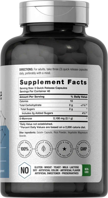 Horbäach D-Mannose Supplement 2100mg | 120 Capsules | Pills for Women and Men | Non-GMO & Gluten Free