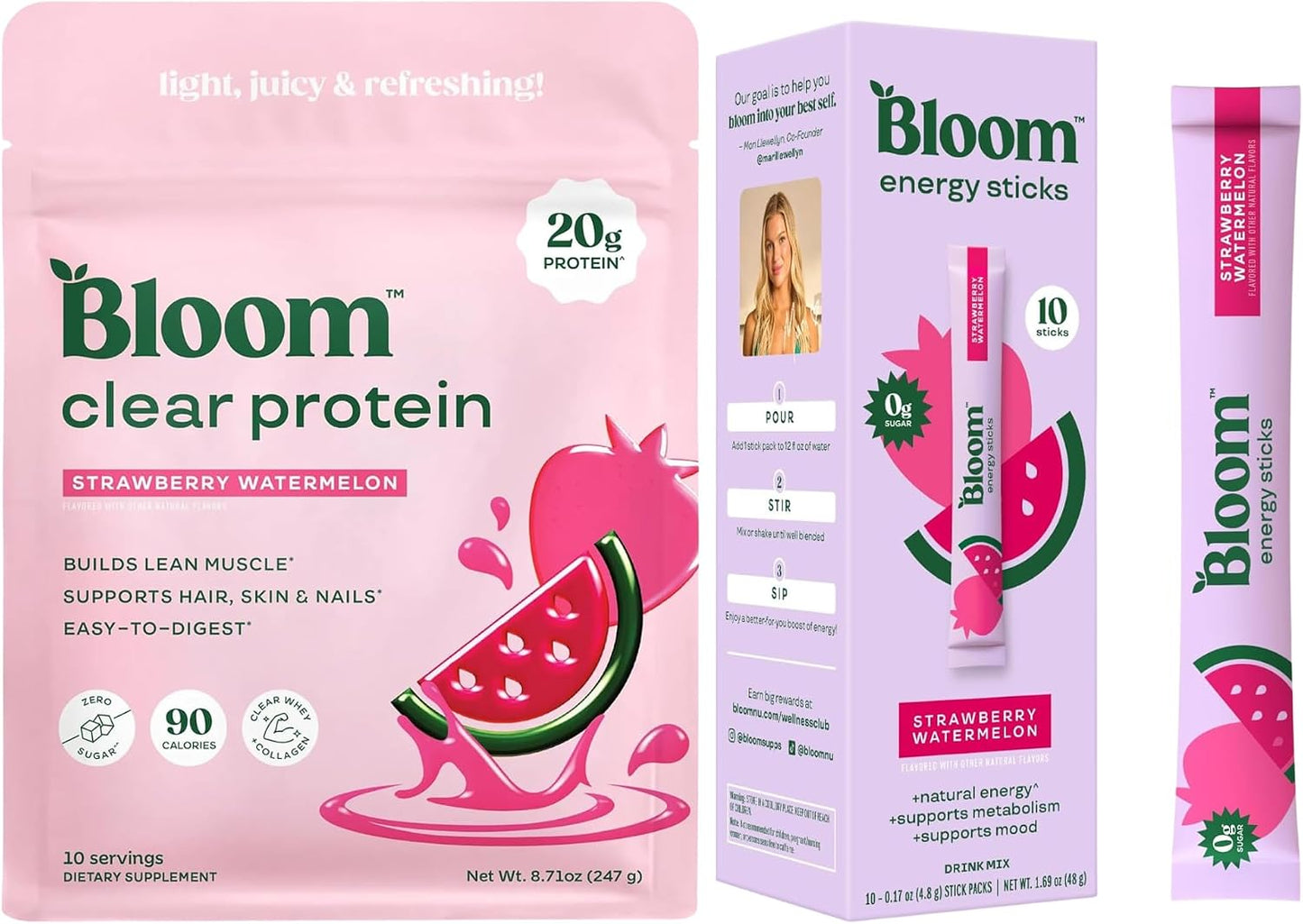 Bloom Strawberry Watermelon Clear Protein and Strawberry Watermelon Energy Packets Bundle