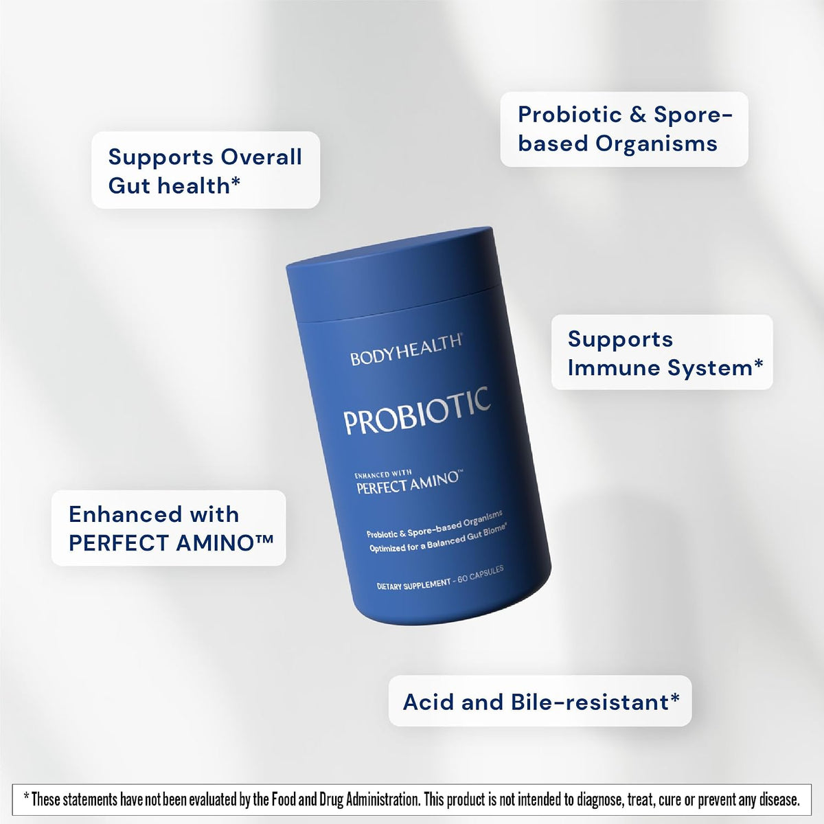 BodyHealth Probiotic Enhanced with PerfectAmino for Women and Men, Spore Based with Bifidobacterium, Lactobacillus Salivarius, Lactobacillus Acidophilus - 60 Capsules