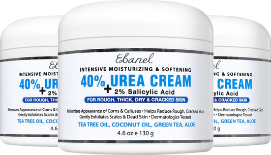 Ebanel Urea Cream 40% plus Salicylic Acid 2%, Foot Cream for Dry Cracked Heels Feet Knees Elbows Hands, Foot Dead Skin Cuticle Callus Remover Toenail Softener, Keratolytic Skin Barrier Repair, 3-Pack