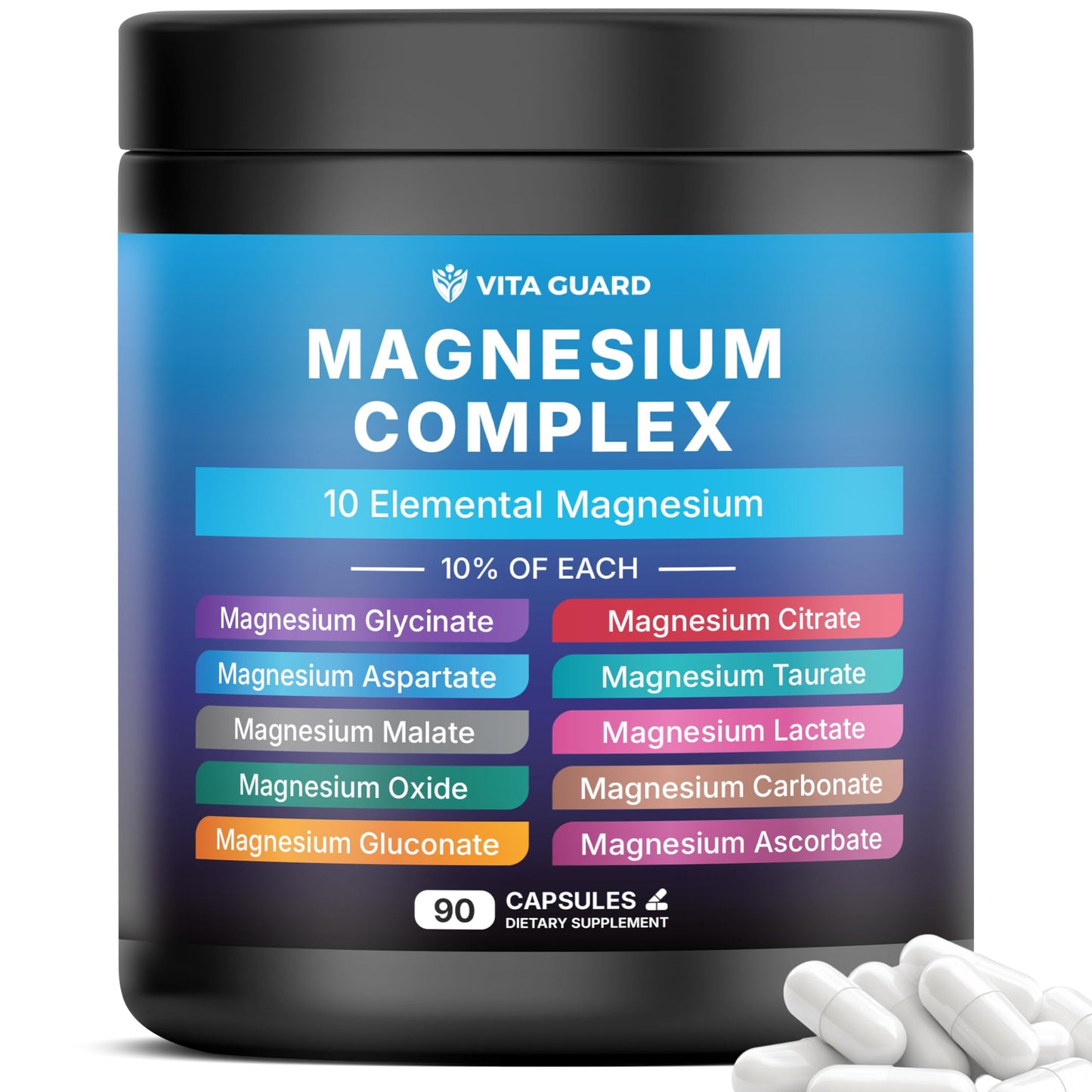 Vita Guard Magnesium Complex supplement container with white pills on a white background