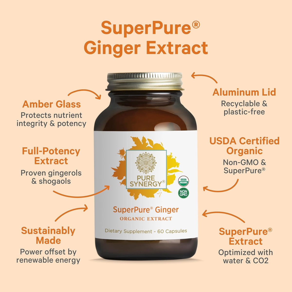 PURE SYNERGY SuperPure Ginger Extract | Organic Ginger Extract Digestive Supplement | for Stomach and Joint Support (60 Capsules)