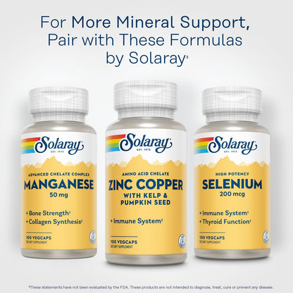 SOLARAY Zinc Copper Amino Acid Chelate - Immune Support Supplement w/Chelated Zinc 50mg - Bone, Skin, Heart Health and Thyroid Support - with Iodine from Kelp, 60-Day Guarantee, 100 Serv, 100 VegCaps