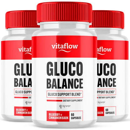 Three bottles of Vitaflow Gluco Balance supplement with red caps and white labels.