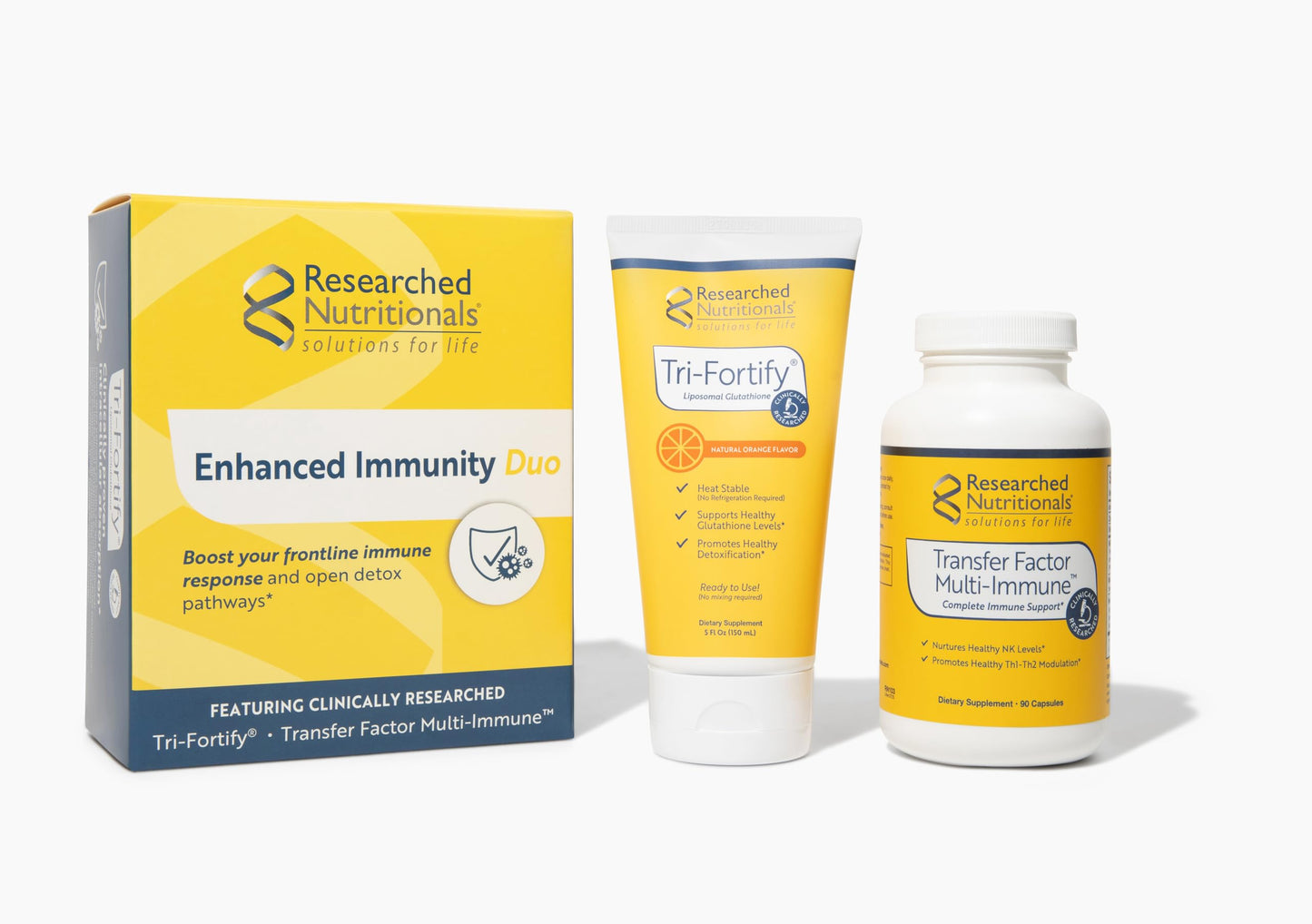 Researched Nutritionals Liposomal Glutathione (450mg) + Colostrum & Mushrooms Supplement for Immune Support - Enhanced Immunity Duo - Tri-Fortify Orange + Transfer Factor Multi-Immune (2 Piece Set) Researched Nutritionals buy supplements Au
