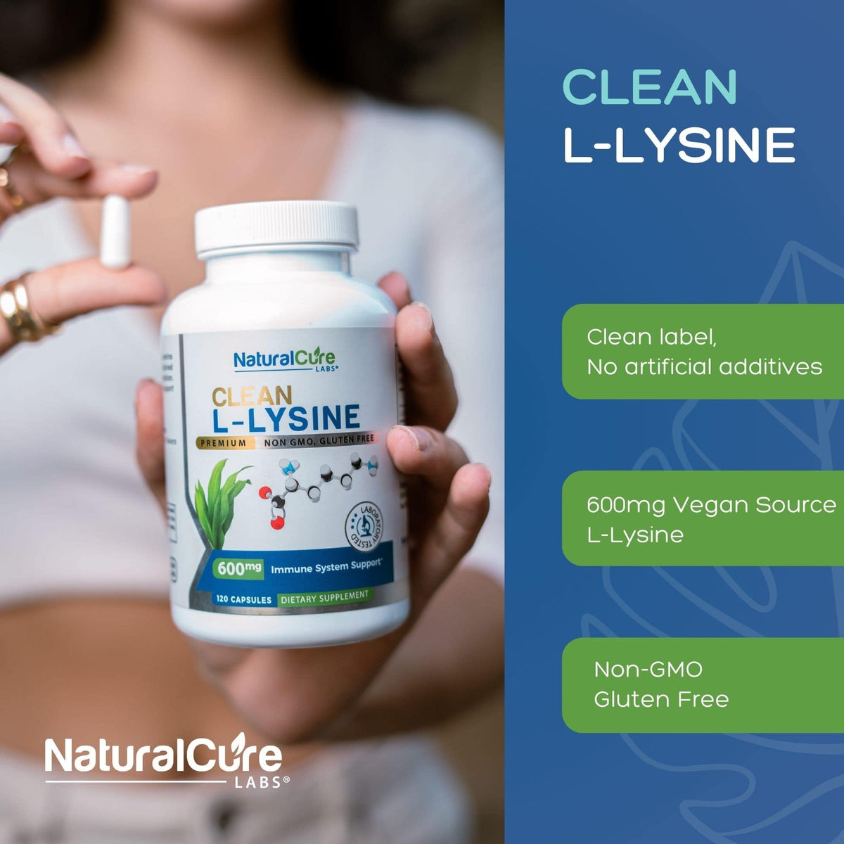 Natural Cure Labs Clean L-Lysine 600mg, 120 Capsules | Vegan, Non-GMO, & Gluten Free Natural Cure Labs buy supplements Au