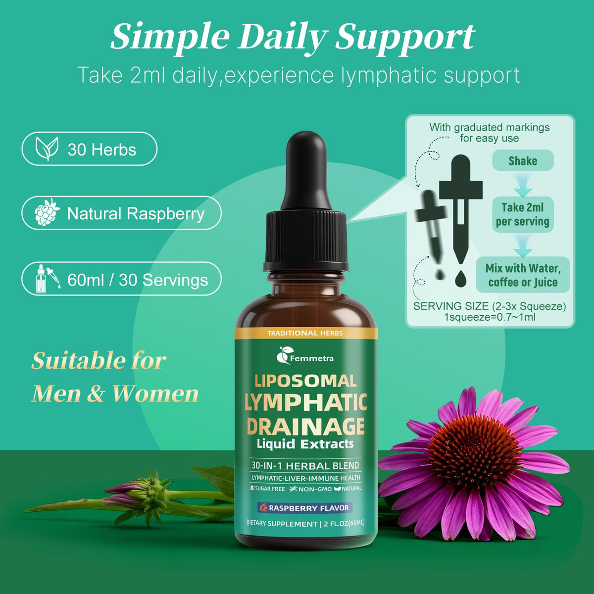Liposomal Lymphatic Drainage Supplements with 30-in-1 Herbal Blend - Echinacea | Oregano | Milk Thistle - Sugar Free Lymph System Drops - Immune Support, Cleanse & Detox, Raspberry Flavor, 2 fl oz Femmetra buy supplements Au