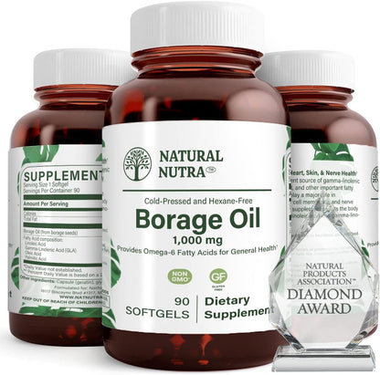 Natural Borage Oil Supplement, Omega-6 Fatty Acid, 90 Softgels | Rich in gamma-linolenic acid (GLA), Supporting Skin, Nerve, & Joint Health