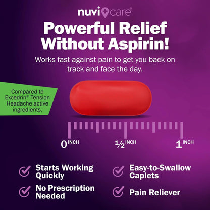 Nuvicare Tension Headache Relief Pills with 500mg Acetaminophen and 65mg Caffeine - Non Aspirin Pain Reliever Aid - Compare to Active Ingredient in Aspirin Free Excedrin Tension Headache (100 Caplets) NUVICAREBuy Supplements Australia