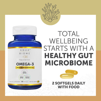 Aqua Biome by Enzymedica Omega 3 Fish Oil Maximum Strength - 120 Softgels | Fish Oil Omega 3 Fatty Acid Supplement for Women & Men, Source of DPA, EPA, & DHA, Heart & Brain Health Support, Gluten Free