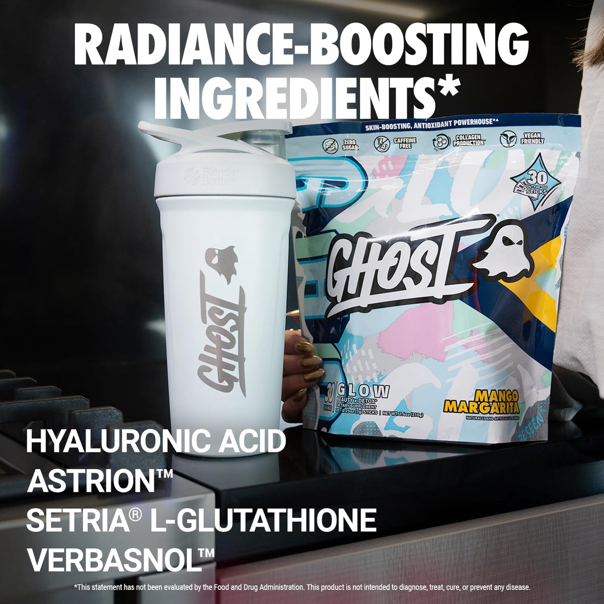 GHOST Glow Sticks: Beauty and Detox Supplement - 30 On-The-Go Stick Packs, Mango Margarita - Hyaluronic Acid, Biotin & L-Theanine for Skin-Boosting Support - Sugar Free, Gluten Free