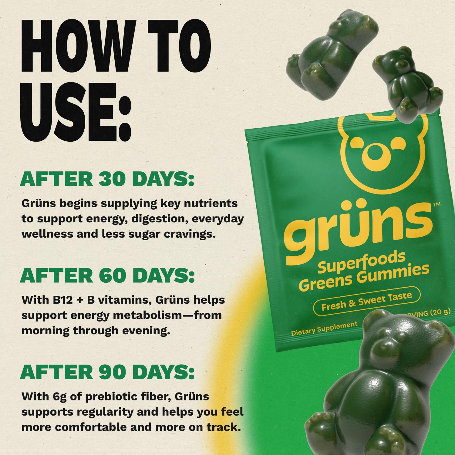 Gruns Adult Super Greens Multivitamin Gummies, Superfood Gummy Vitamins for Women and Men with Spirulina, Chlorella, Adaptogens & Prebiotic Fiber for Digestive Health (28 Count) Grüns buy supplements Au