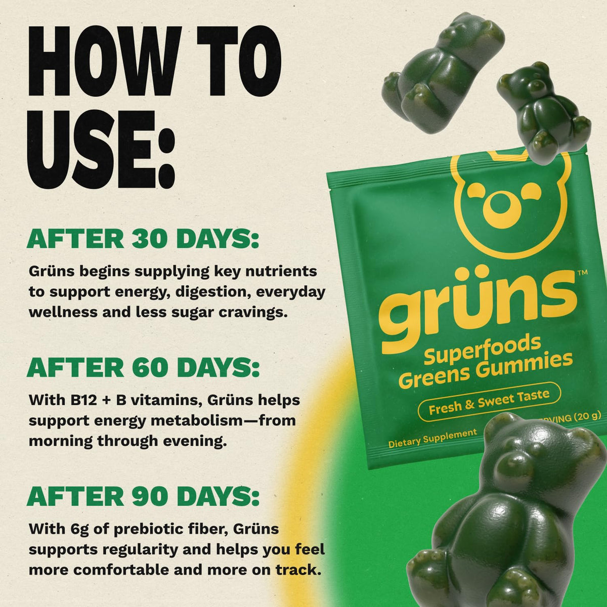 Gruns Adults Super Greens Gummies, Multivitamin Superfood Gummy Bears, Spirulina, Chlorella, Prebiotics & Fiber Gummies for Digestive Health, Adaptogens Supplement, 20 Vitamins & Minerals, 10 Count Grüns buy supplements Au