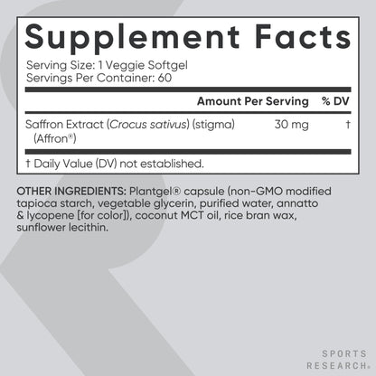 Sports Research® Pure Saffron Supplement, 30 mg - Mood & Stress Support - Made w/Affron® Saffron Extract - Vegan Certified · Non-GMO · Gluten Free – 60 Veggie Softgels Sports Research buy supplements Au